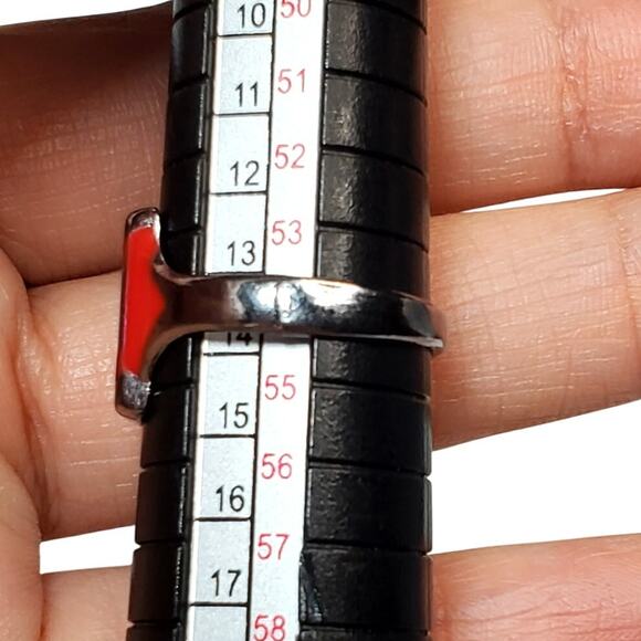 Silver Tone Red Enamel Rectangle Unsigned Sz 7 Minimalist - Picture 4 of 5